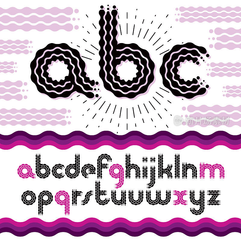 Vector funky英文字母小写字母，abc集合。圆角粗体复古型字体，脚本从a到z可以用于海报创作。使用流动，波浪线。